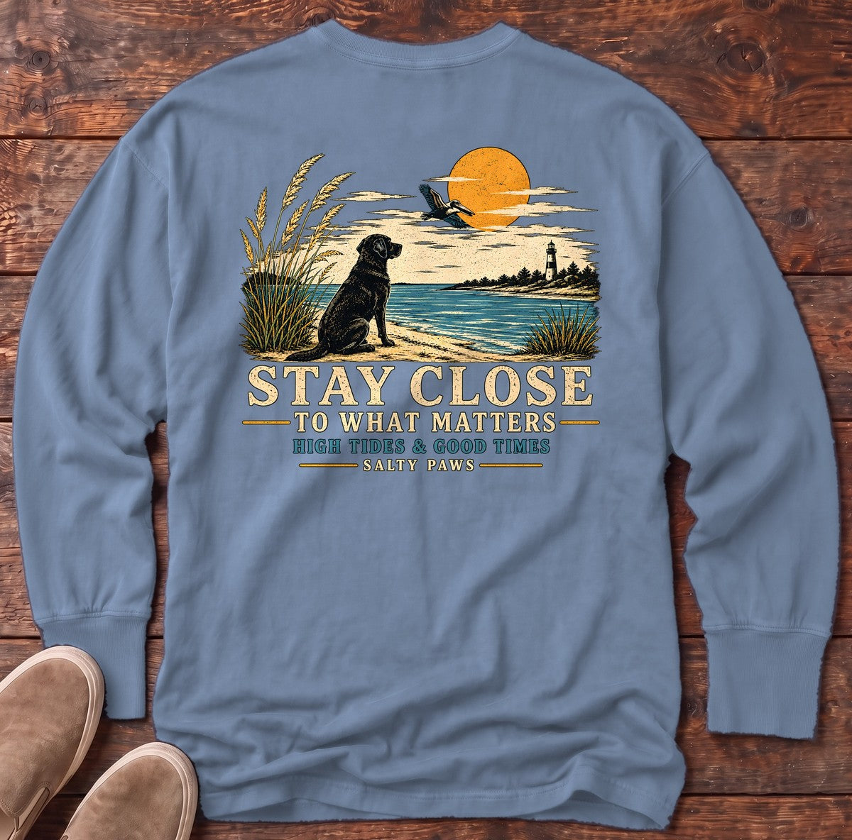Stay Close Back Design Long Sleeve Tee in Blue Jean, Salty Paws Comfort Colors long sleeve tee