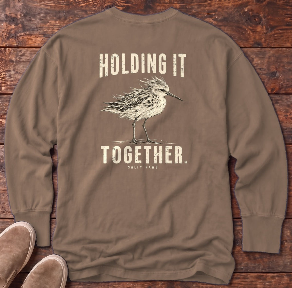 Holding It Together Sandpiper Back Design Long Sleeve Tee in Espresso, Salty Paws Comfort Colors Long Sleeve Tee, back design flat lay