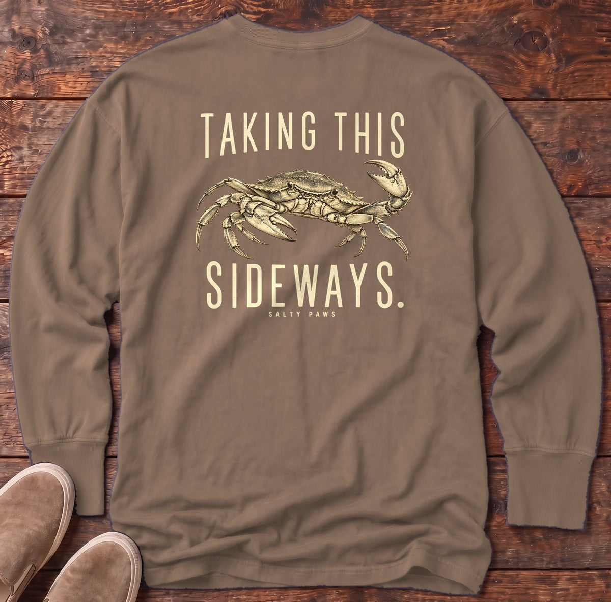 Taking This Sideways Crab Back Design Long Sleeve Tee in Espresso, Salty Paws Comfort Colors Long Sleeve Tee, back design flat lay