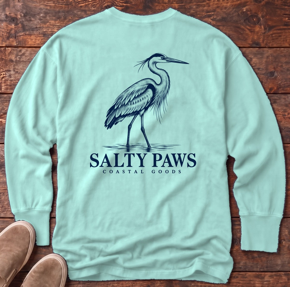 Great Blue Heron Coastal Goods Back Design Long Sleeve Tee in Chalky Mint, Salty Paws Comfort Colors Long Sleeve Tee, back design flat lay