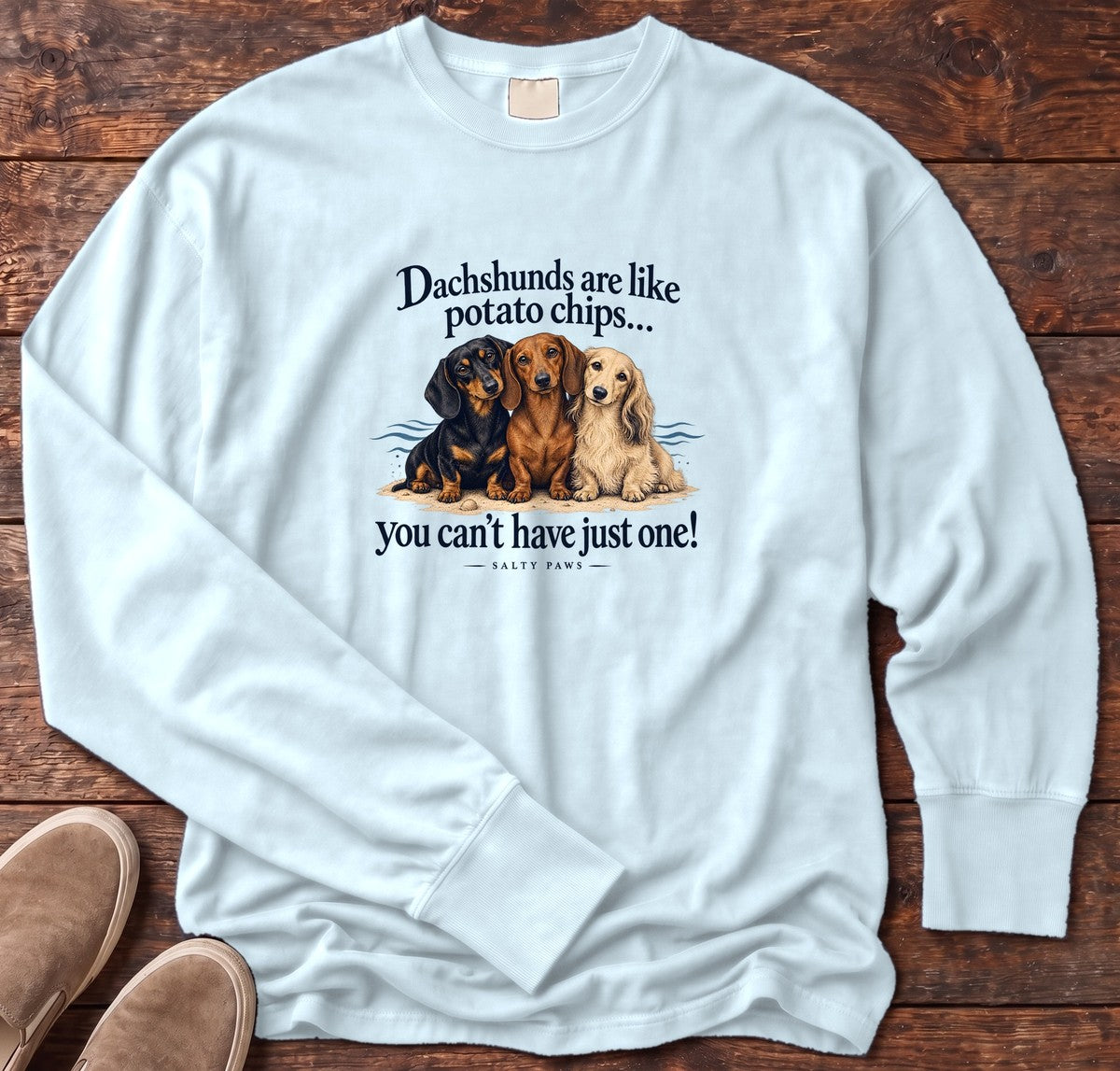 Dachshunds Are Like Potato Chips Long Sleeve Tee in Chambray, Salty Paws Comfort Colors Long Sleeve Tee, front design flat lay