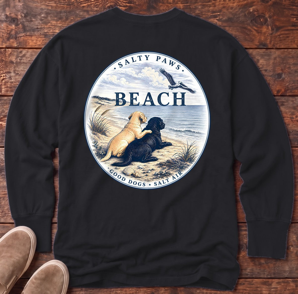 BEACH Pelican Labradors Back Design Long Sleeve Tee in Black, Salty Paws Comfort Colors long sleeve tee