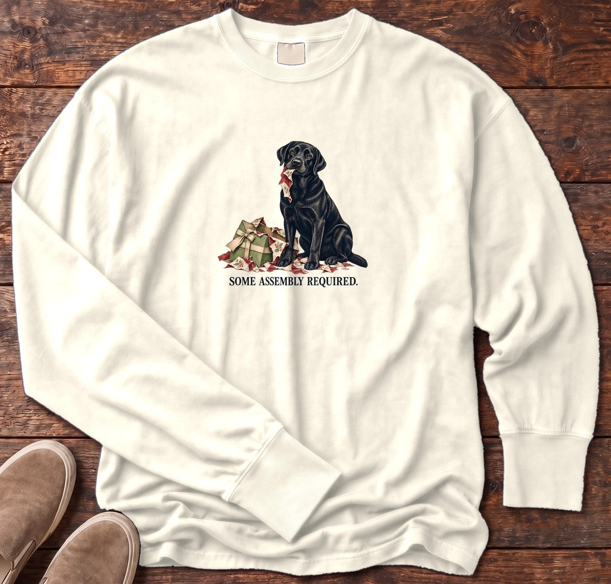 Some Assembly Required Black Lab Long Sleeve Tee in Ivory, Salty Paws Comfort Colors Long Sleeve Tee, front design flat lay