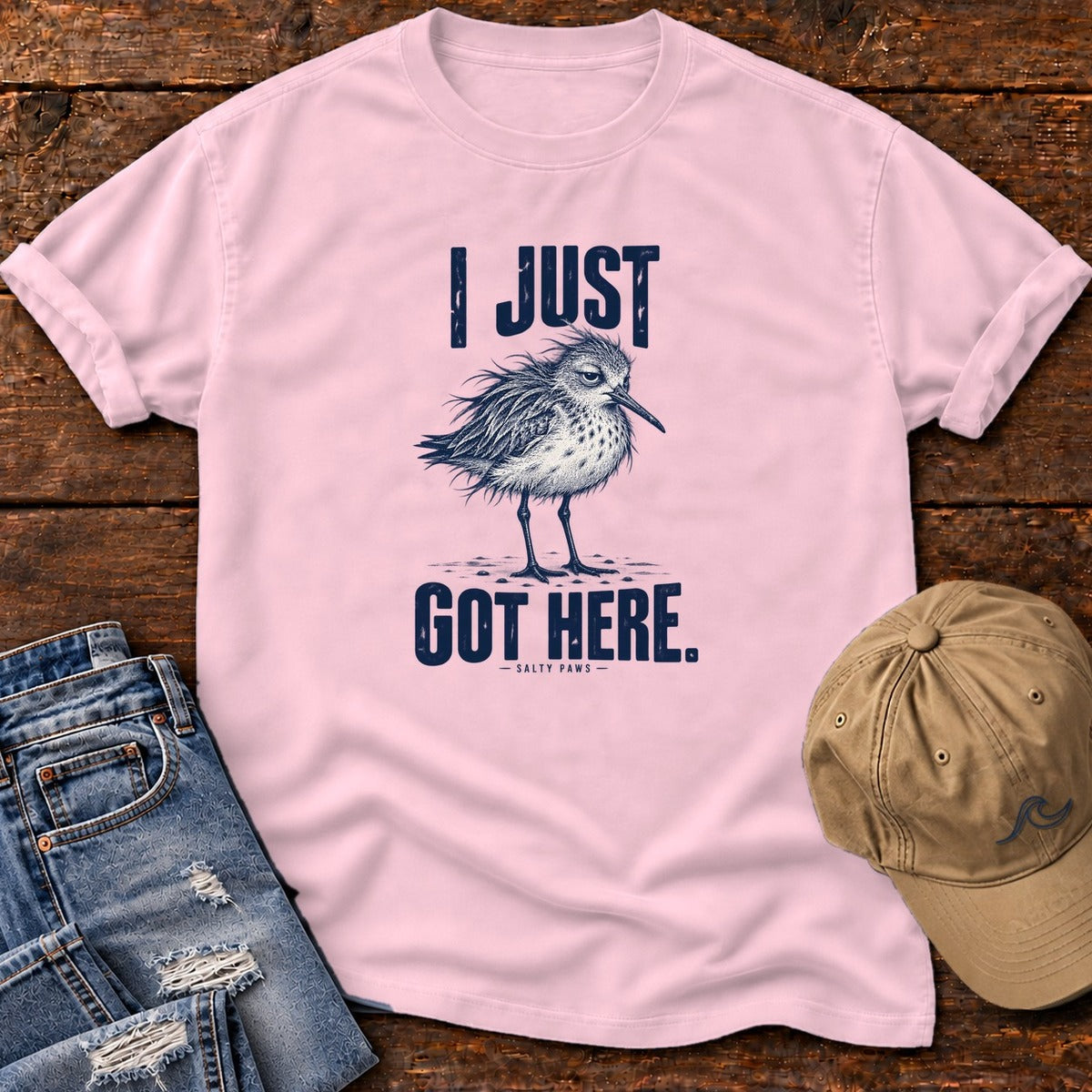 I Just Got Here Sandpiper T-Shirt in Blossom, Salty Paws Comfort Colors T-Shirt, front design flat lay