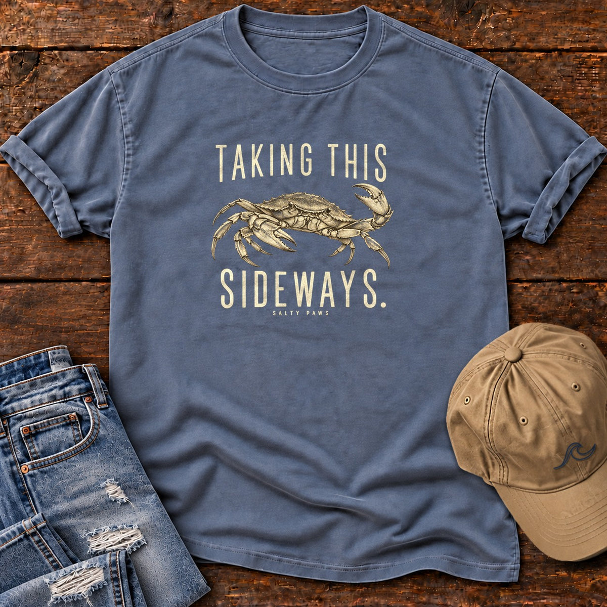 Taking This Sideways Crab T-Shirt in Blue Jean, Salty Paws Comfort Colors T-Shirt, front design flat lay