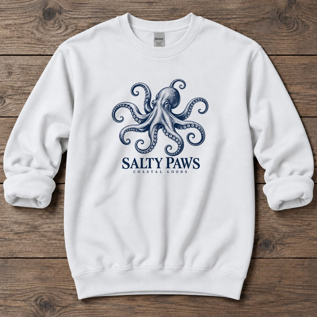 Octopus Coastal Goods Midweight Sweatshirt in White, Salty Paws Midweight Sweatshirt, front design flat lay