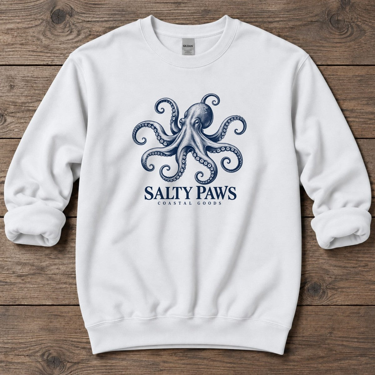 Octopus Coastal Goods Midweight Sweatshirt in White, Salty Paws Midweight Sweatshirt, front design flat lay