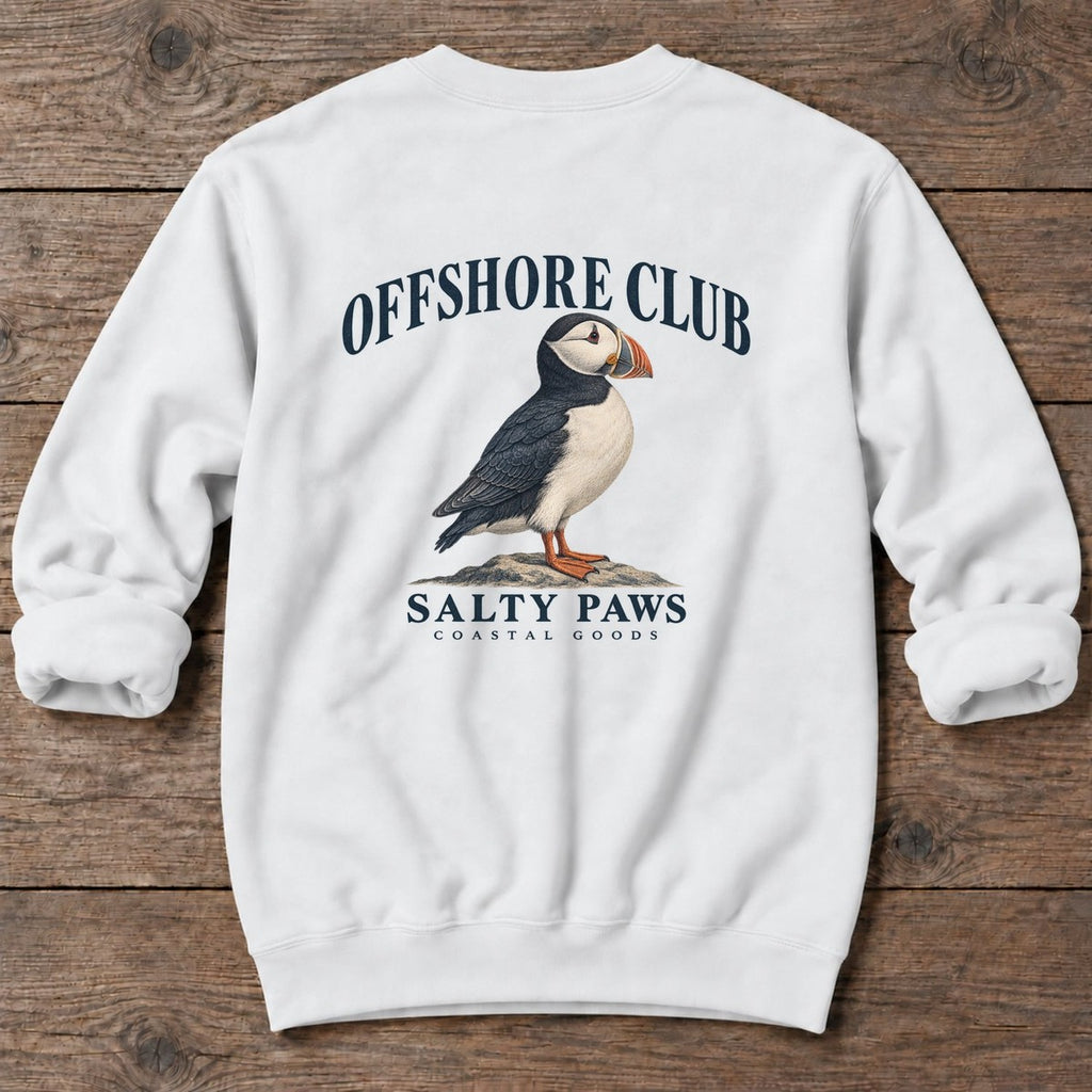 Offshore Club Puffin Salty Paws Coastal Goods Back Design Midweight Sweatshirt in White, Salty Paws Midweight Sweatshirt, back design flat lay
