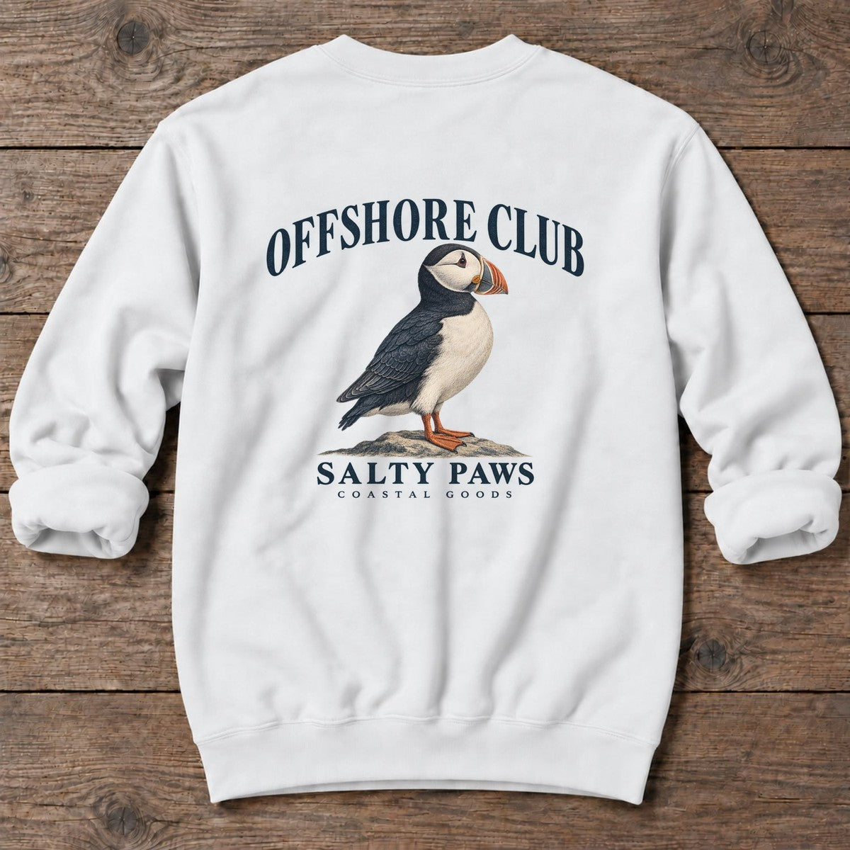 Offshore Club Puffin Salty Paws Coastal Goods Back Design Midweight Sweatshirt in White, Salty Paws Midweight Sweatshirt, back design flat lay