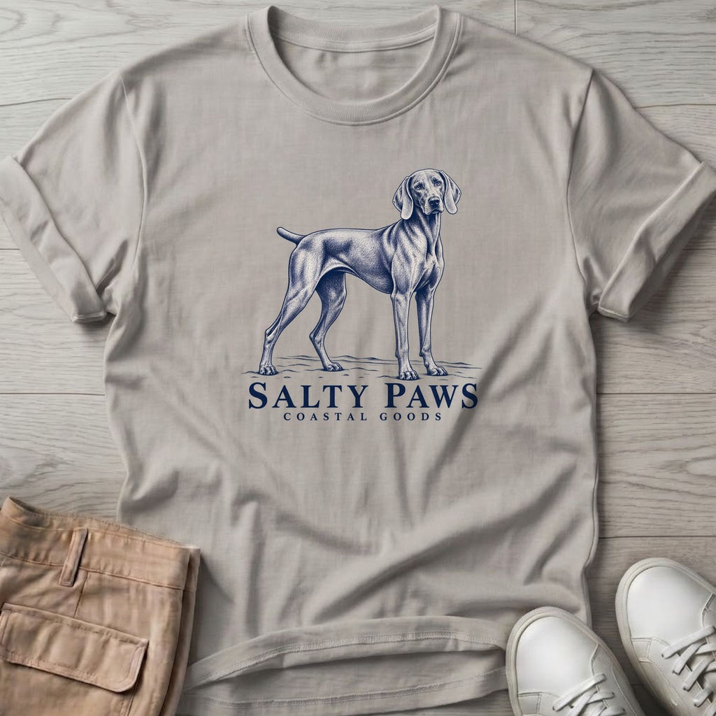 Weimaraner Coastal Goods T-Shirt in Ice Grey, Salty Paws T-Shirt, front design flat lay