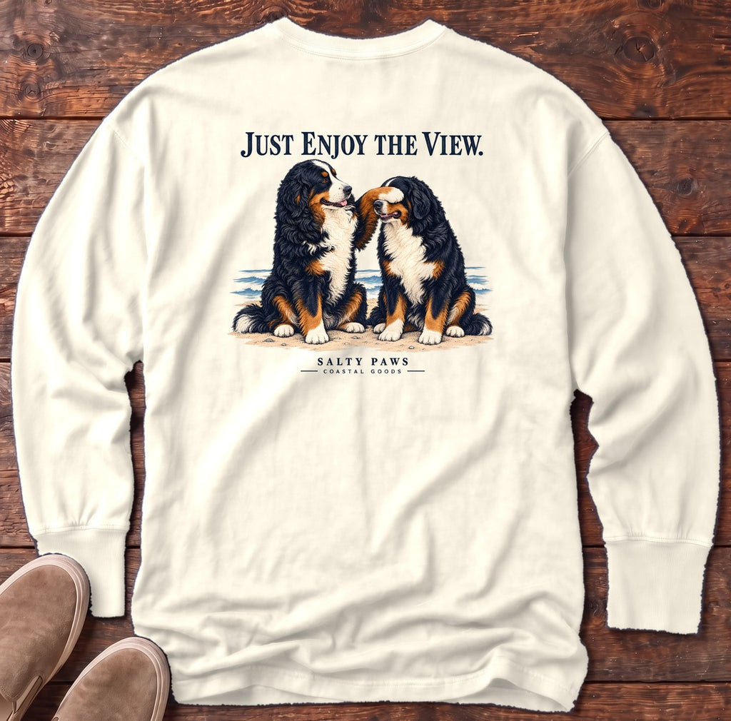 Just Enjoy the View Bernese Back Design Long Sleeve Tee in Ivory, Salty Paws Comfort Colors long sleeve tee