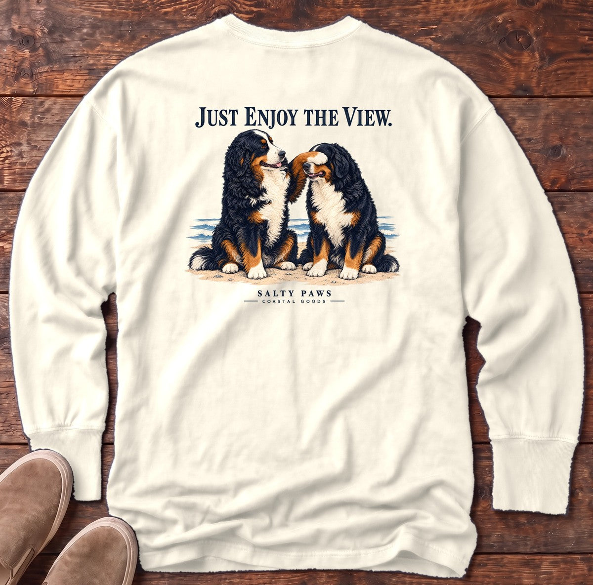 Just Enjoy the View Bernese Back Design Long Sleeve Tee in Ivory, Salty Paws Comfort Colors long sleeve tee
