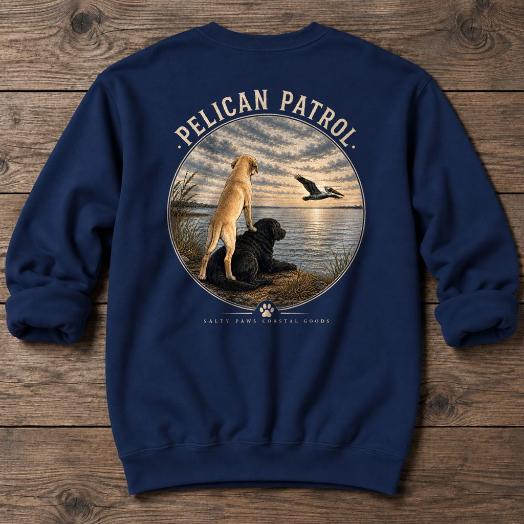 Pelican Labradors Back Design Midweight Sweatshirt in Navy, Salty Paws coastal sweatshirt