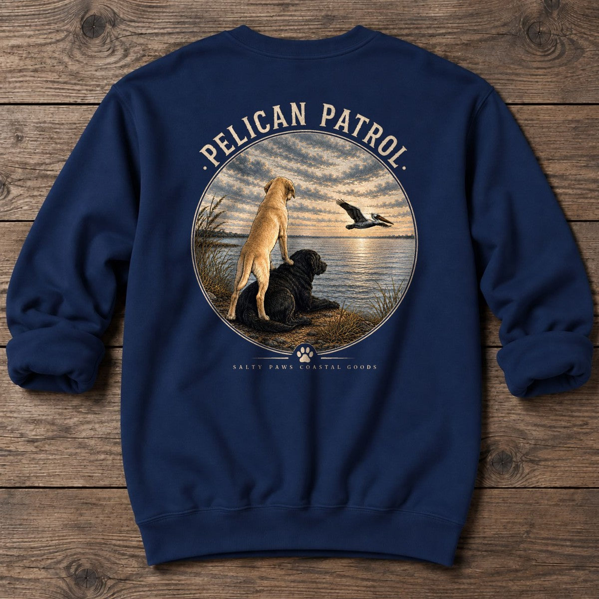Pelican Labradors Back Design Midweight Sweatshirt in Navy, Salty Paws coastal sweatshirt