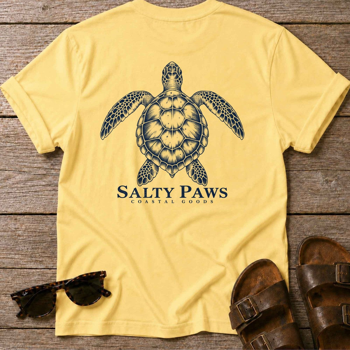 Sea Turtle Coastal Goods Back Design T-Shirt in Daisy, Salty Paws T-Shirt, back design flat lay