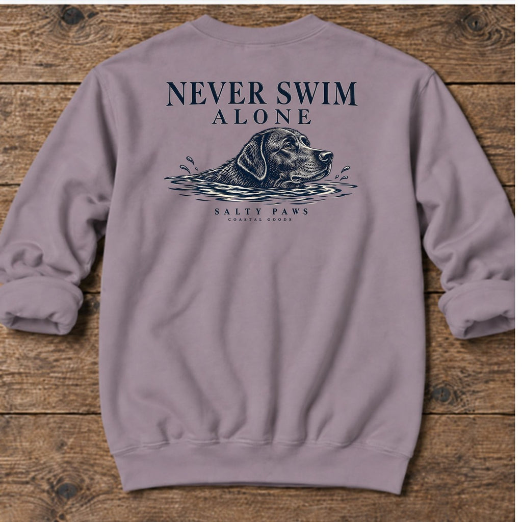 Never Swim Alone Black Lab Back Design Midweight Sweatshirt in Paragon, Salty Paws coastal sweatshirt