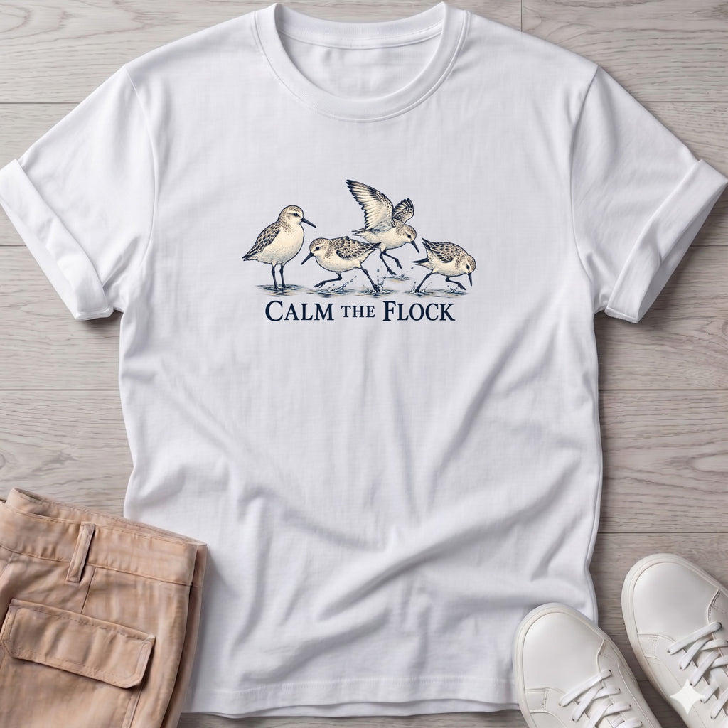 Calm the Flock Sandpipers T-Shirt in White, Salty Paws T-Shirt, front design flat lay