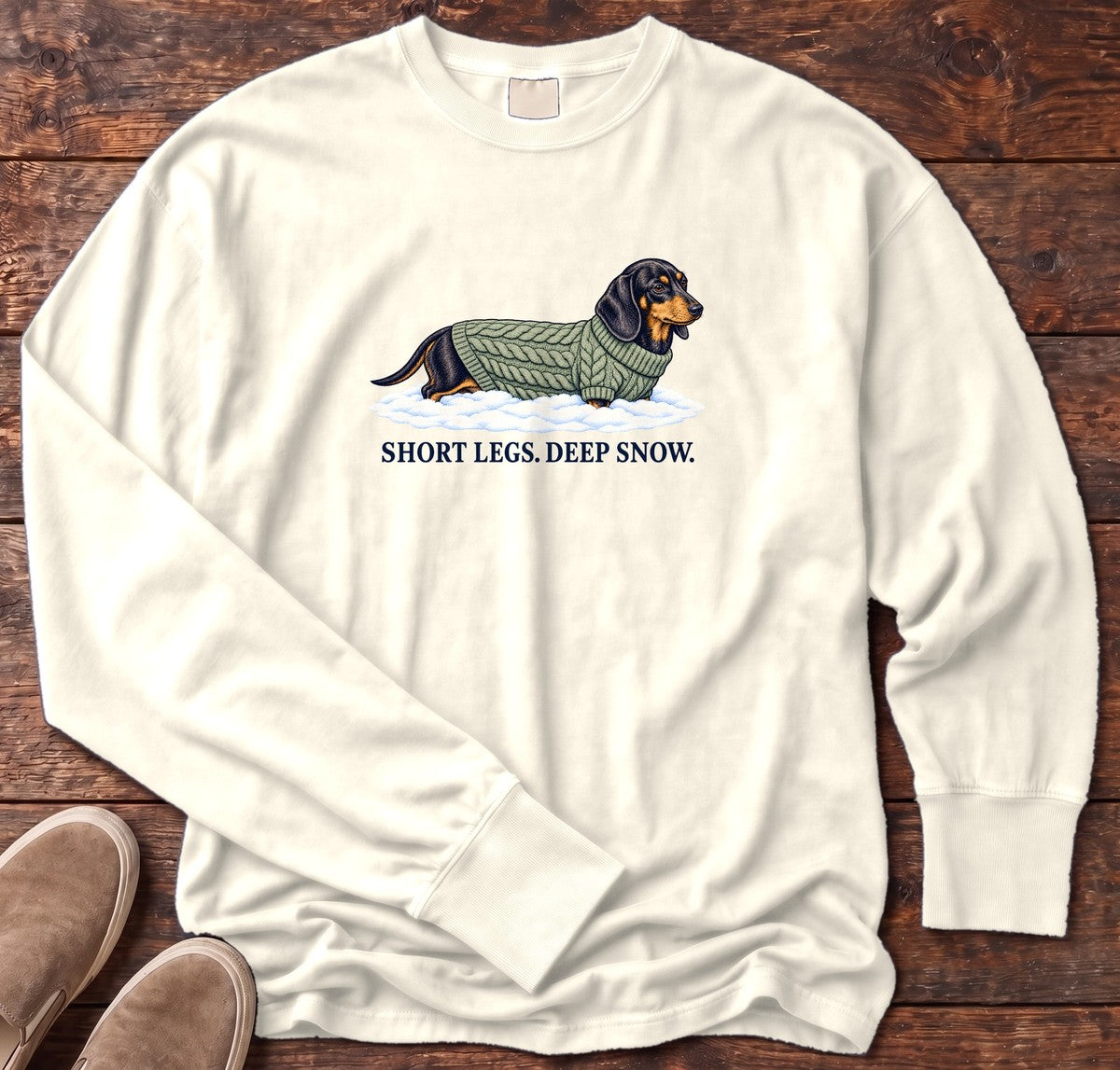 Short Legs Deep Snow Dachshund Long Sleeve Tee in Ivory, Salty Paws Comfort Colors Long Sleeve Tee, front design flat lay