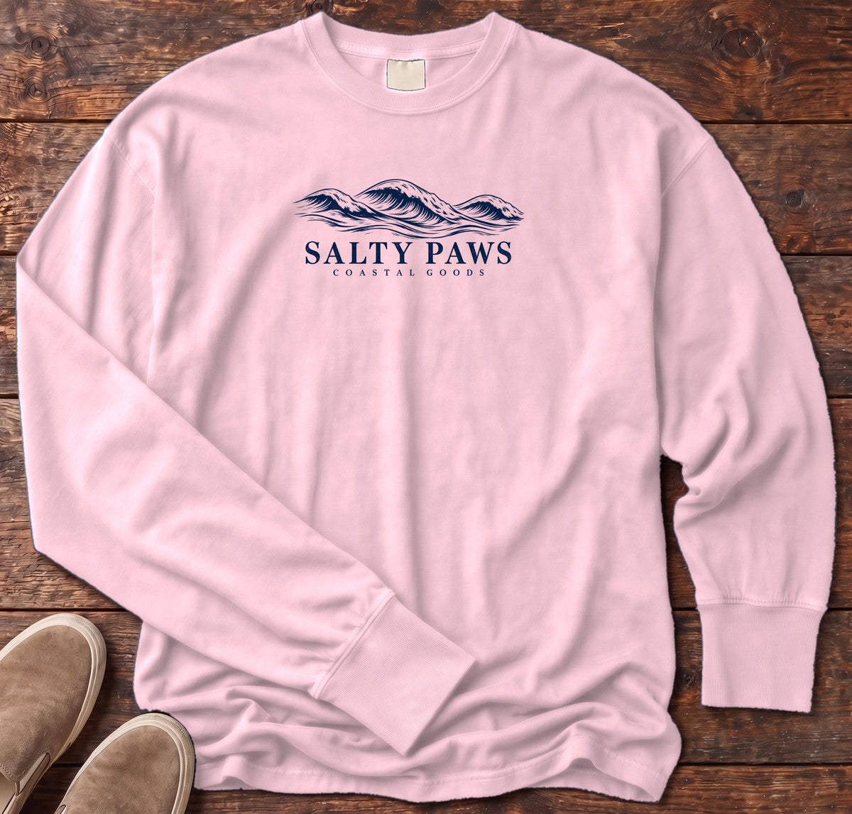 Salty Paws Coastal Swell Long Sleeve Tee in Blossom, Salty Paws Comfort Colors Long Sleeve Tee, front design flat lay