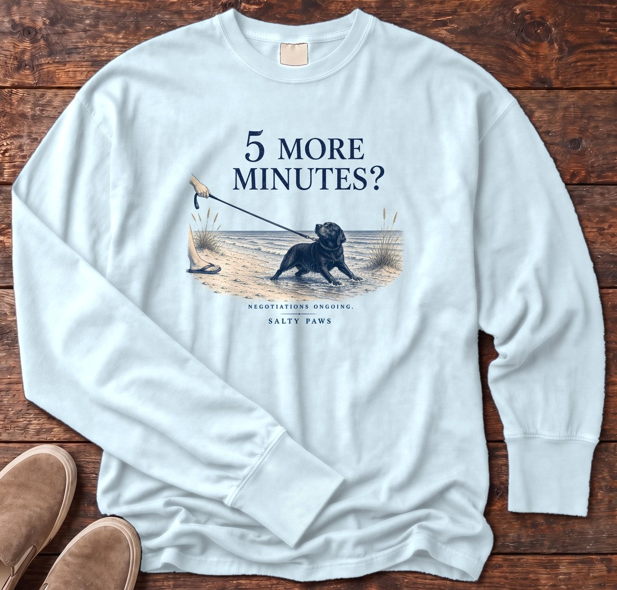 5 More Minutes? Labrador Long Sleeve Tee in Chambray, Salty Paws Comfort Colors long sleeve tee