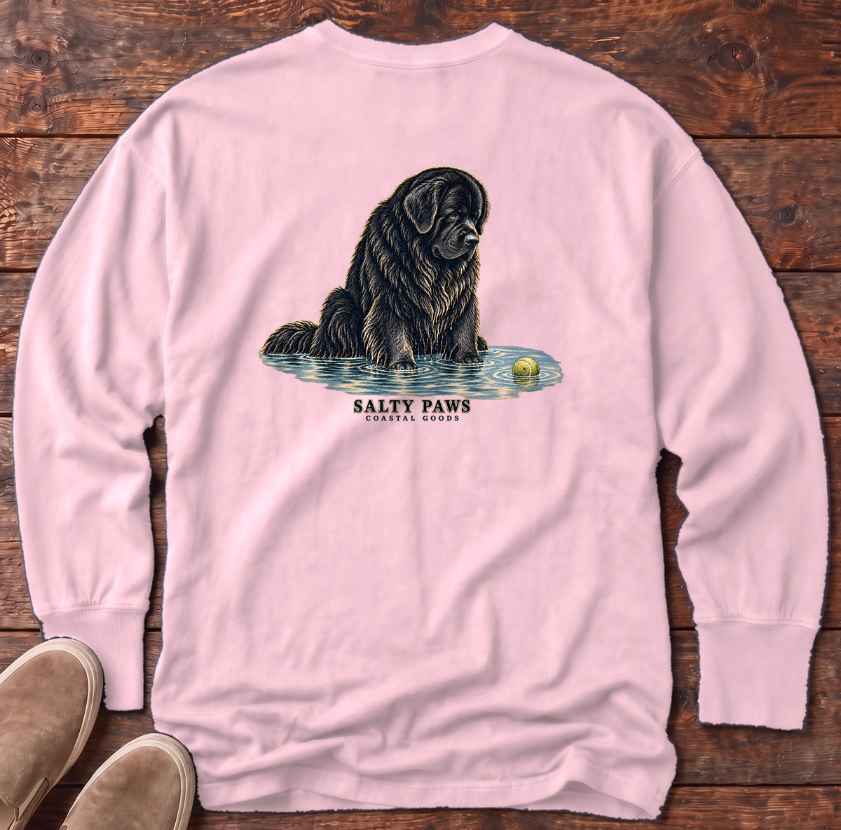Newfoundland Ball Back Design Long Sleeve Tee in Blossom, Salty Paws Comfort Colors Long Sleeve Tee, back design flat lay