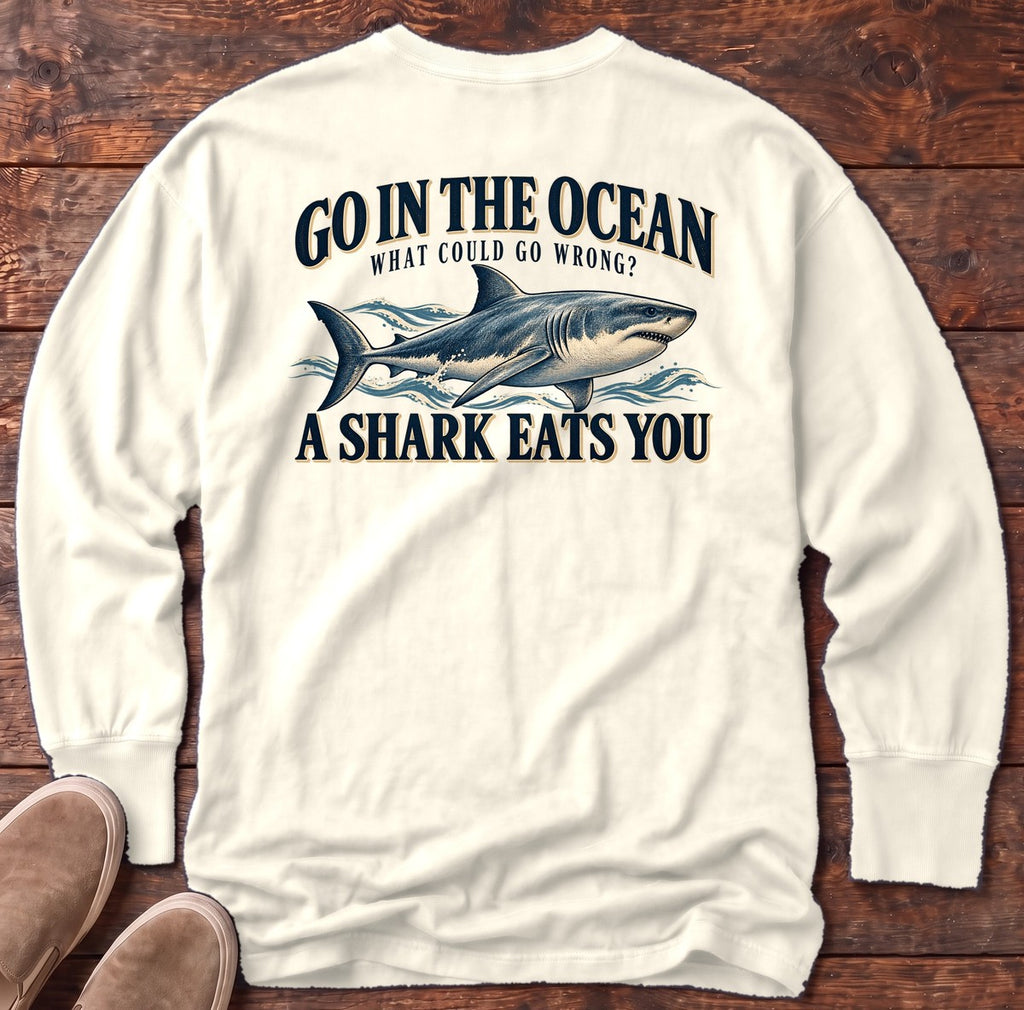 Go in the Ocean Shark Back Design Long Sleeve Tee in Ivory, Salty Paws Comfort Colors long sleeve tee