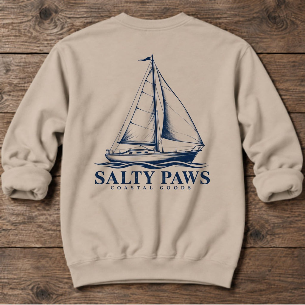 Sailboat Coastal Goods Back Design Midweight Sweatshirt in Sand, Salty Paws Midweight Sweatshirt, back design flat lay