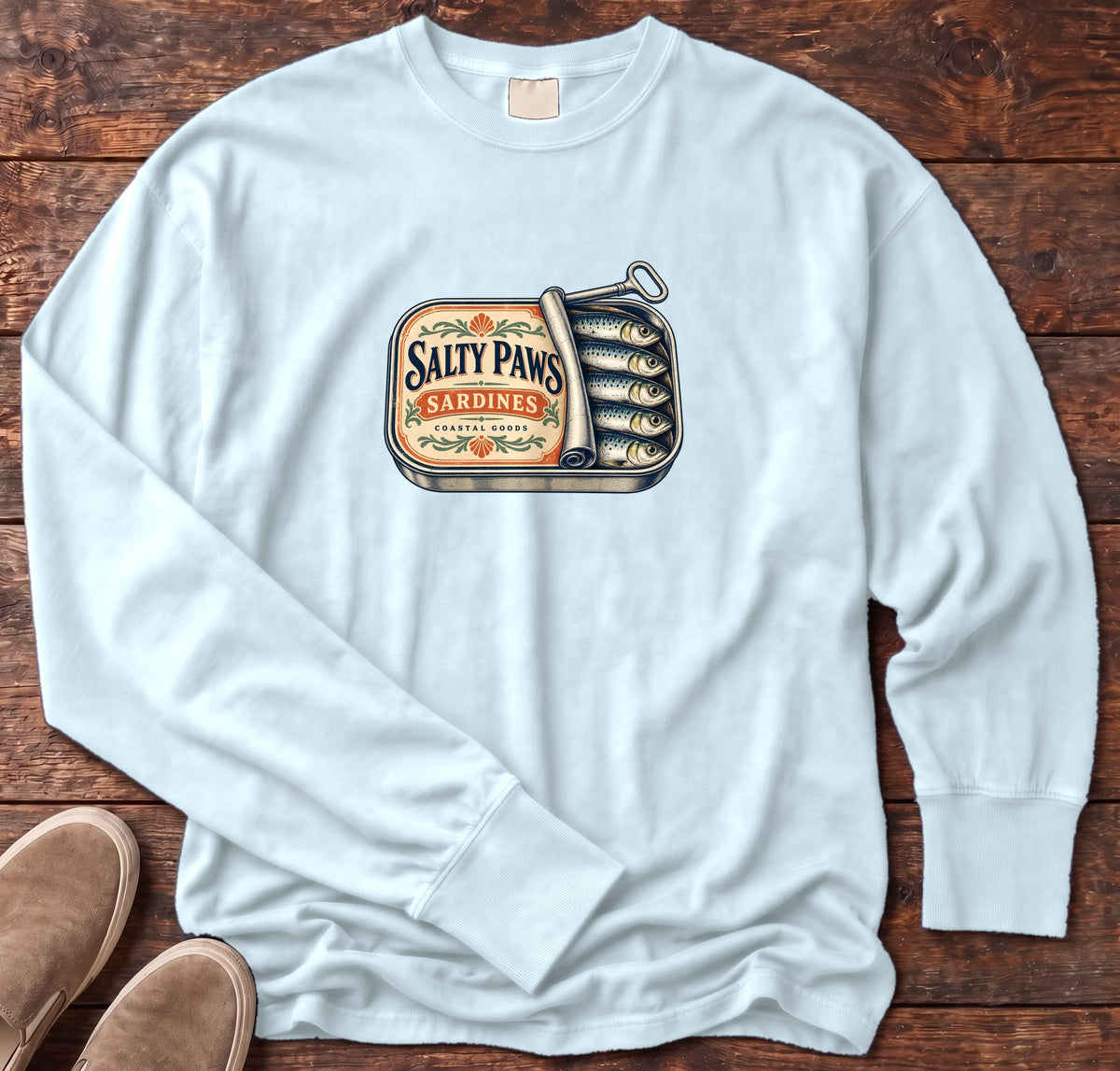 Salty Paws Sardines Coastal Goods Long Sleeve Tee in Chambray, Salty Paws Comfort Colors Long Sleeve Tee, front design flat lay
