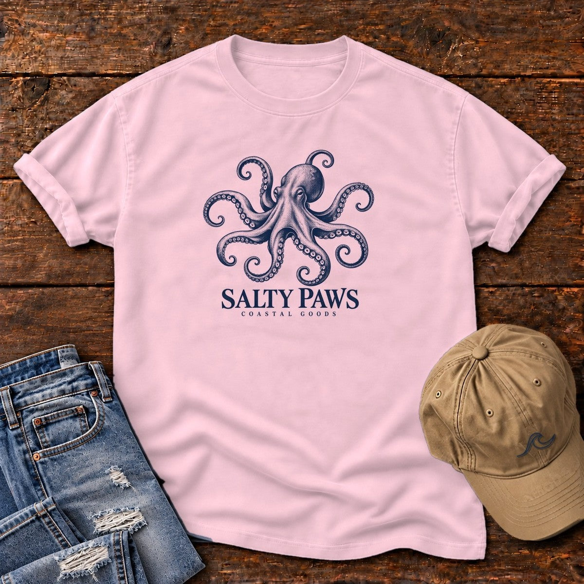 Octopus Coastal Goods T-Shirt in Blossom, Salty Paws Comfort Colors T-Shirt, front design flat lay