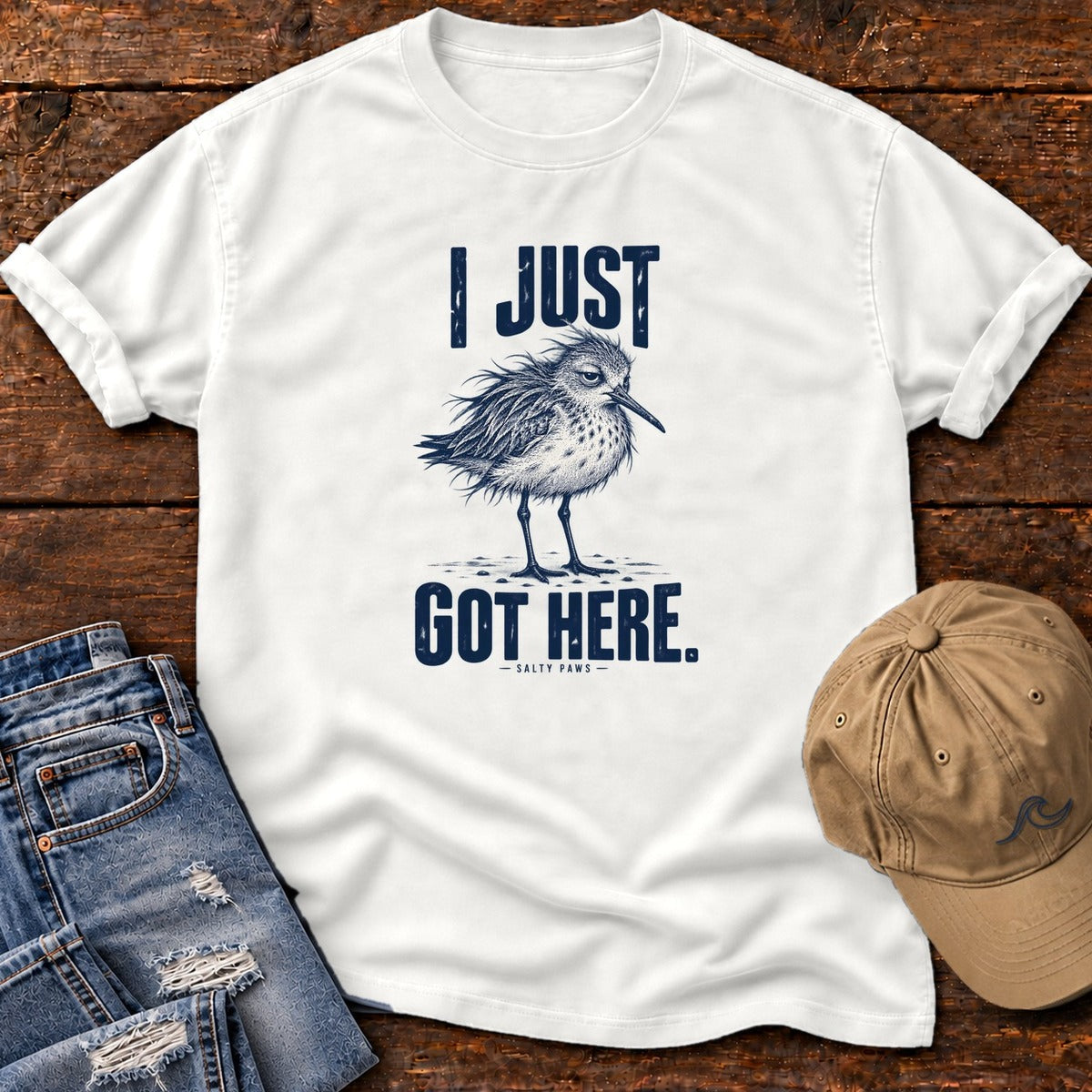 I Just Got Here Sandpiper T-Shirt in White, Salty Paws Comfort Colors T-Shirt, front design flat lay