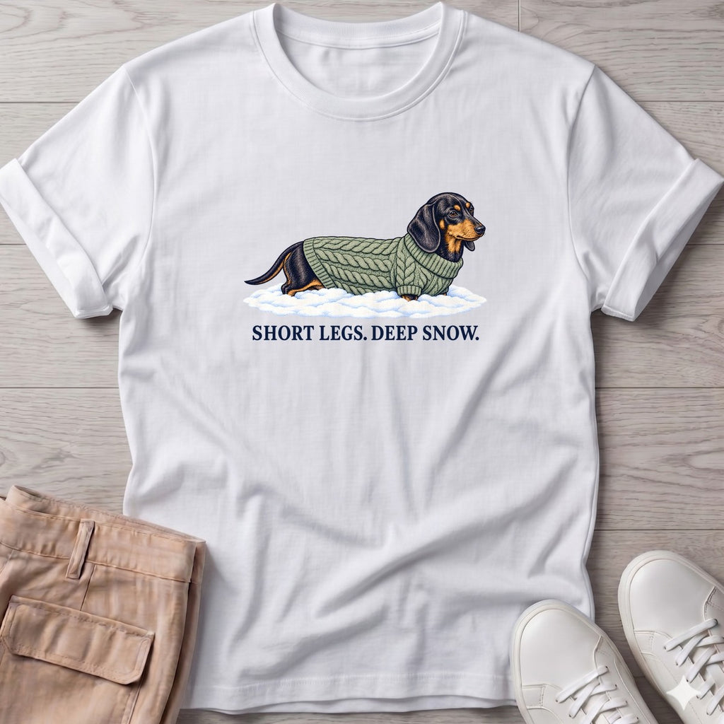 Short Legs Deep Snow Dachshund T-Shirt in White, Salty Paws T-Shirt, front design flat lay