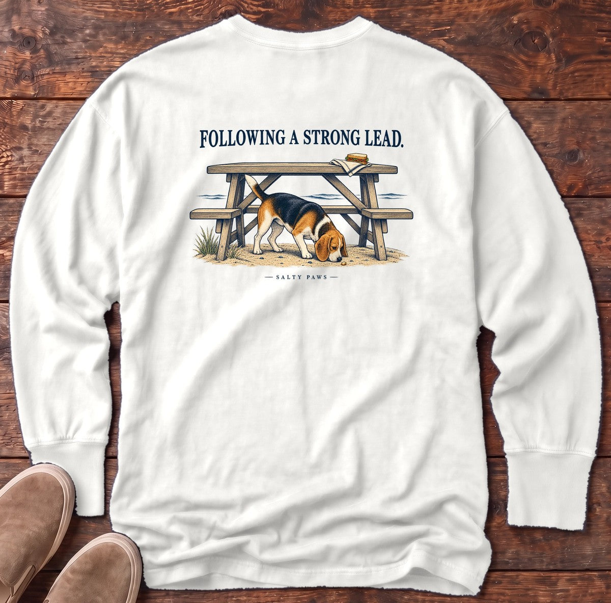 Following a Strong Lead Beagle Back Design Long Sleeve Tee in White, Salty Paws Comfort Colors Long Sleeve Tee, back design flat lay