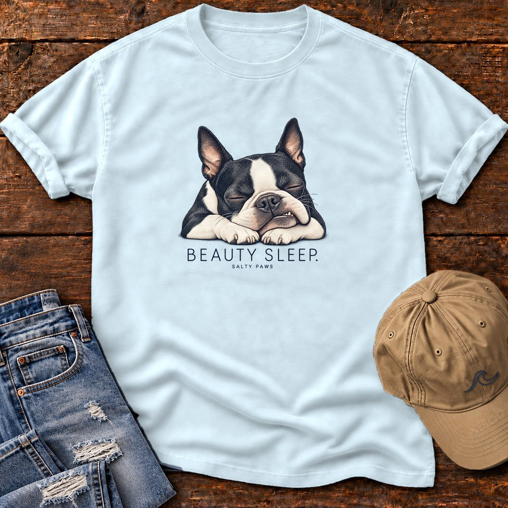 Beauty Sleep Boston Terrier T-Shirt in Chambray, Salty Paws Comfort Colors T-Shirt, front design flat lay