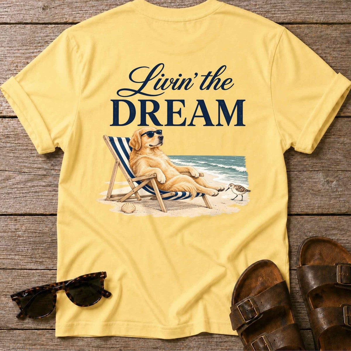 Livin' the Dream Golden Retriever Back Design T-Shirt in Daisy, Salty Paws coastal t-shirt