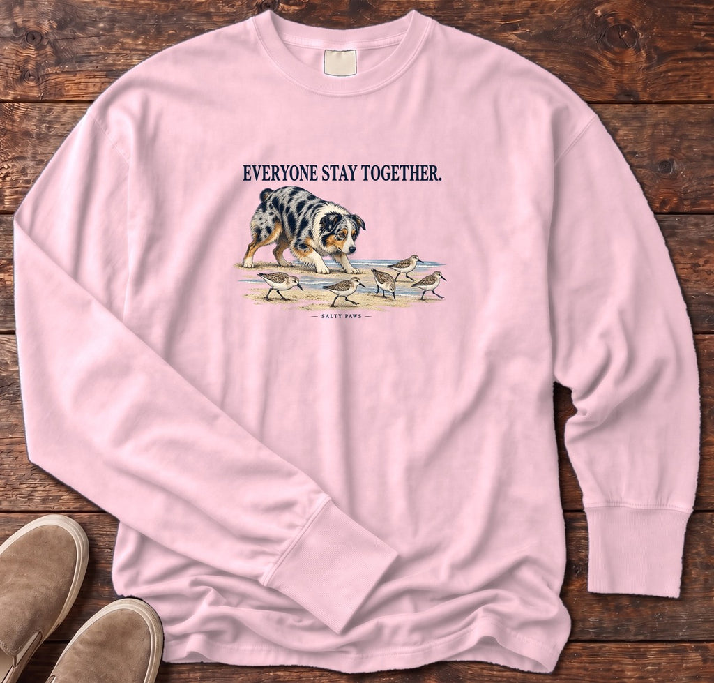 Everyone Stay Together Australian Shepherd Long Sleeve Tee in Blossom, Salty Paws Comfort Colors Long Sleeve Tee, front design flat lay