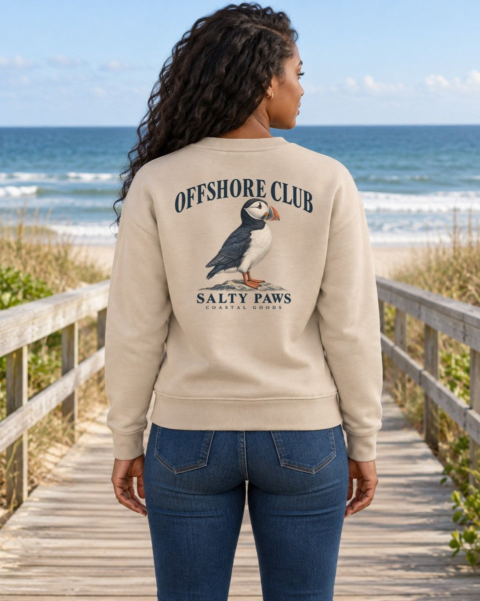 Offshore Club Puffin Salty Paws Coastal Goods Back Design Midweight Sweatshirt in Sand worn by a model, Salty Paws Midweight Sweatshirt