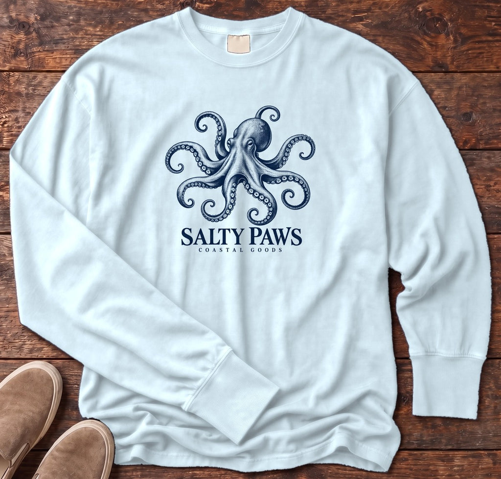 Octopus Coastal Goods Long Sleeve Tee in Chambray, Salty Paws Comfort Colors Long Sleeve Tee, front design flat lay