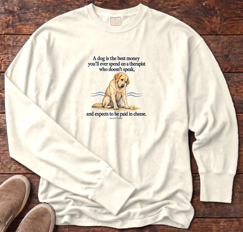 Paid in Cheese Yellow Lab Long Sleeve Tee in Ivory, Salty Paws Comfort Colors Long Sleeve Tee, front design flat lay