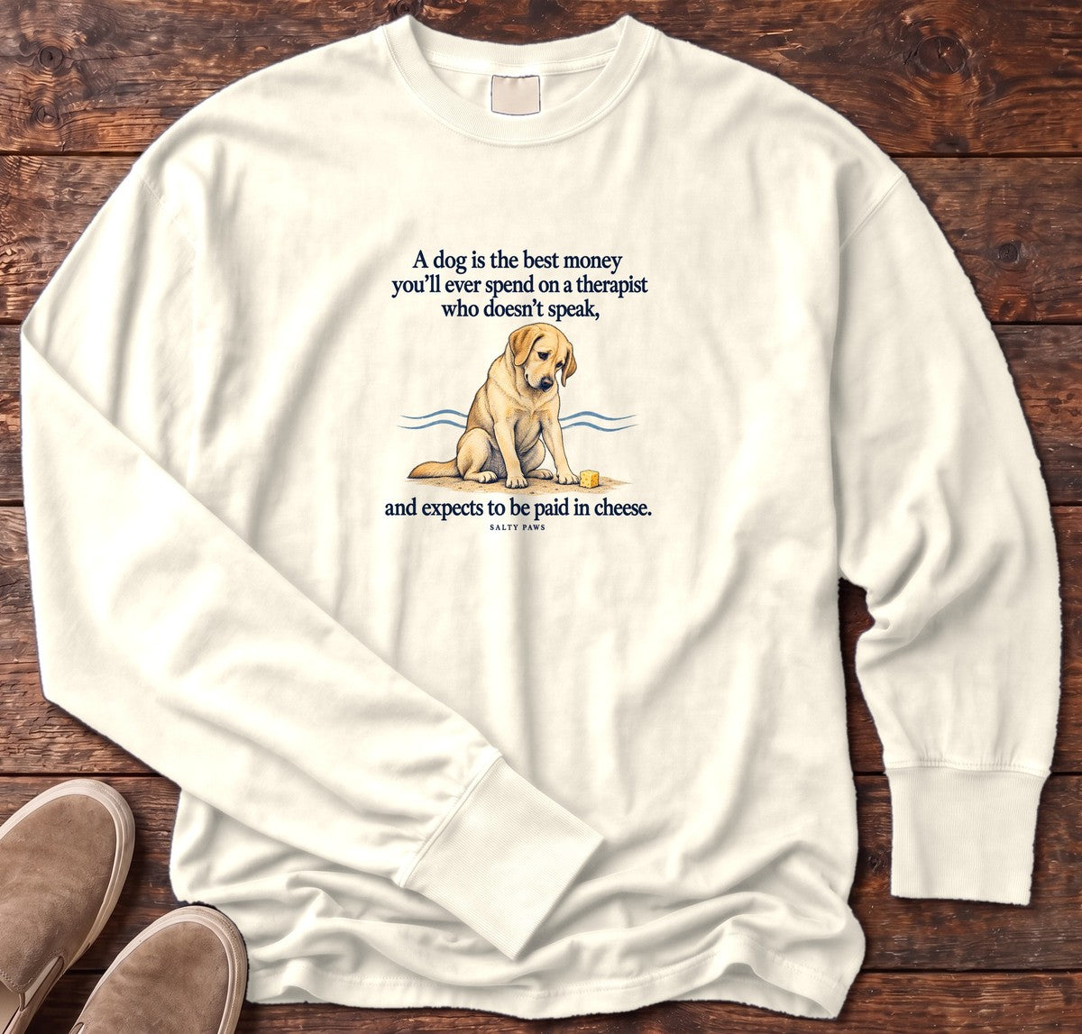 Paid in Cheese Yellow Lab Long Sleeve Tee in Ivory, Salty Paws Comfort Colors Long Sleeve Tee, front design flat lay