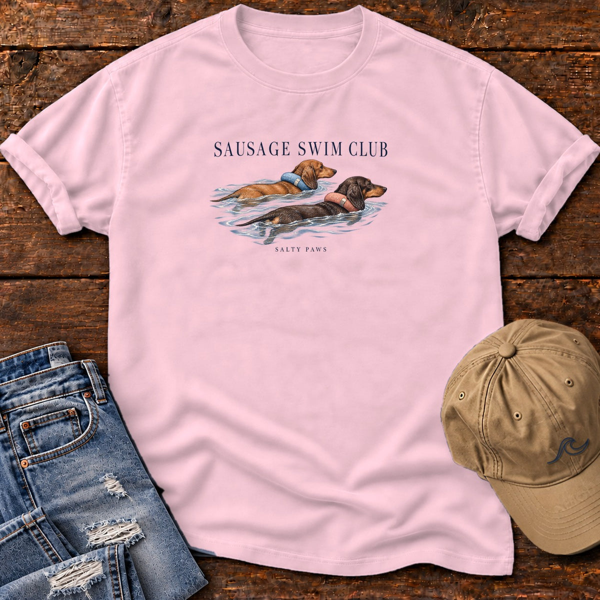 Sausage Swim Club Dachshunds T-Shirt in Blossom, Salty Paws Comfort Colors T-Shirt, front design flat lay