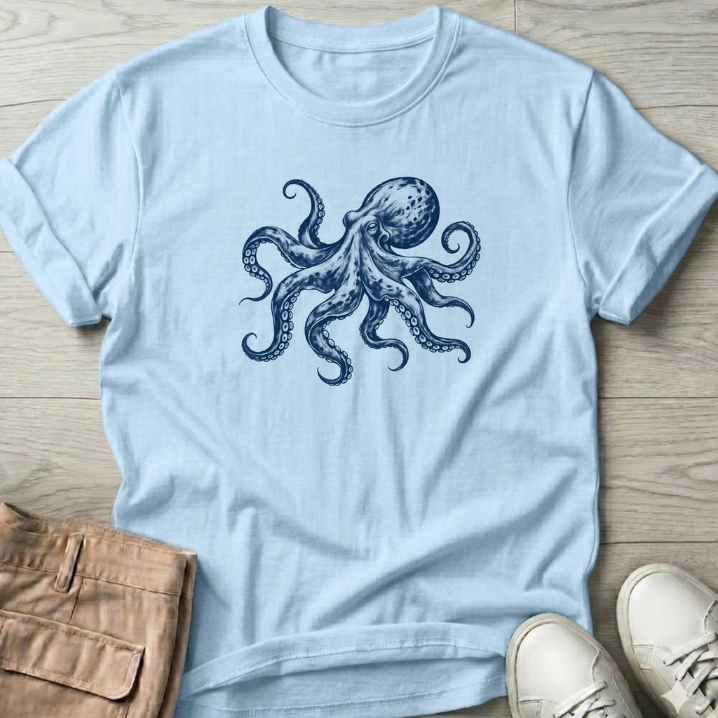 Octopus T-Shirt in Light Blue, Salty Paws T-Shirt, front design flat lay