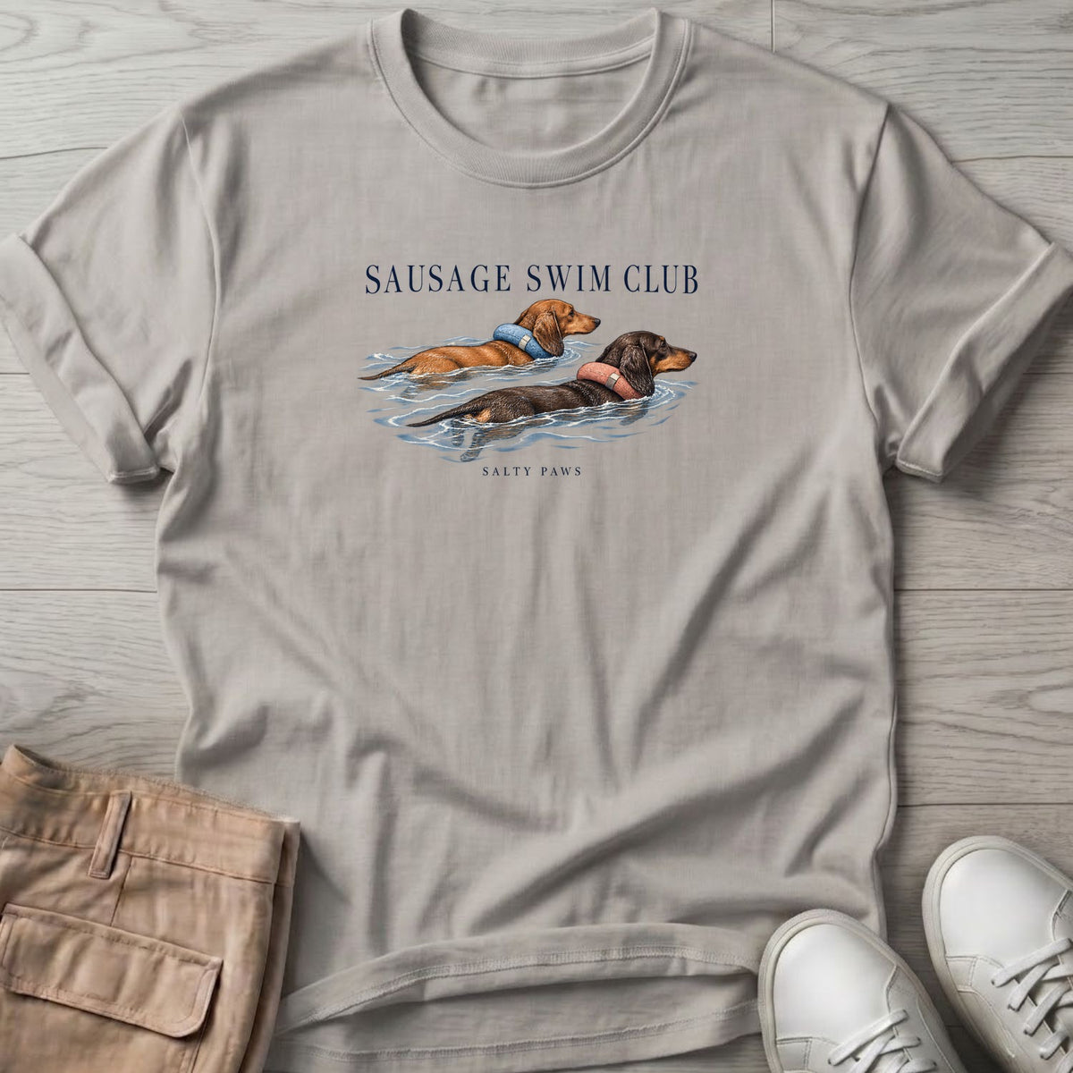 Sausage Swim Club Dachshunds T-Shirt in Ice Grey, Salty Paws T-Shirt, front design flat lay