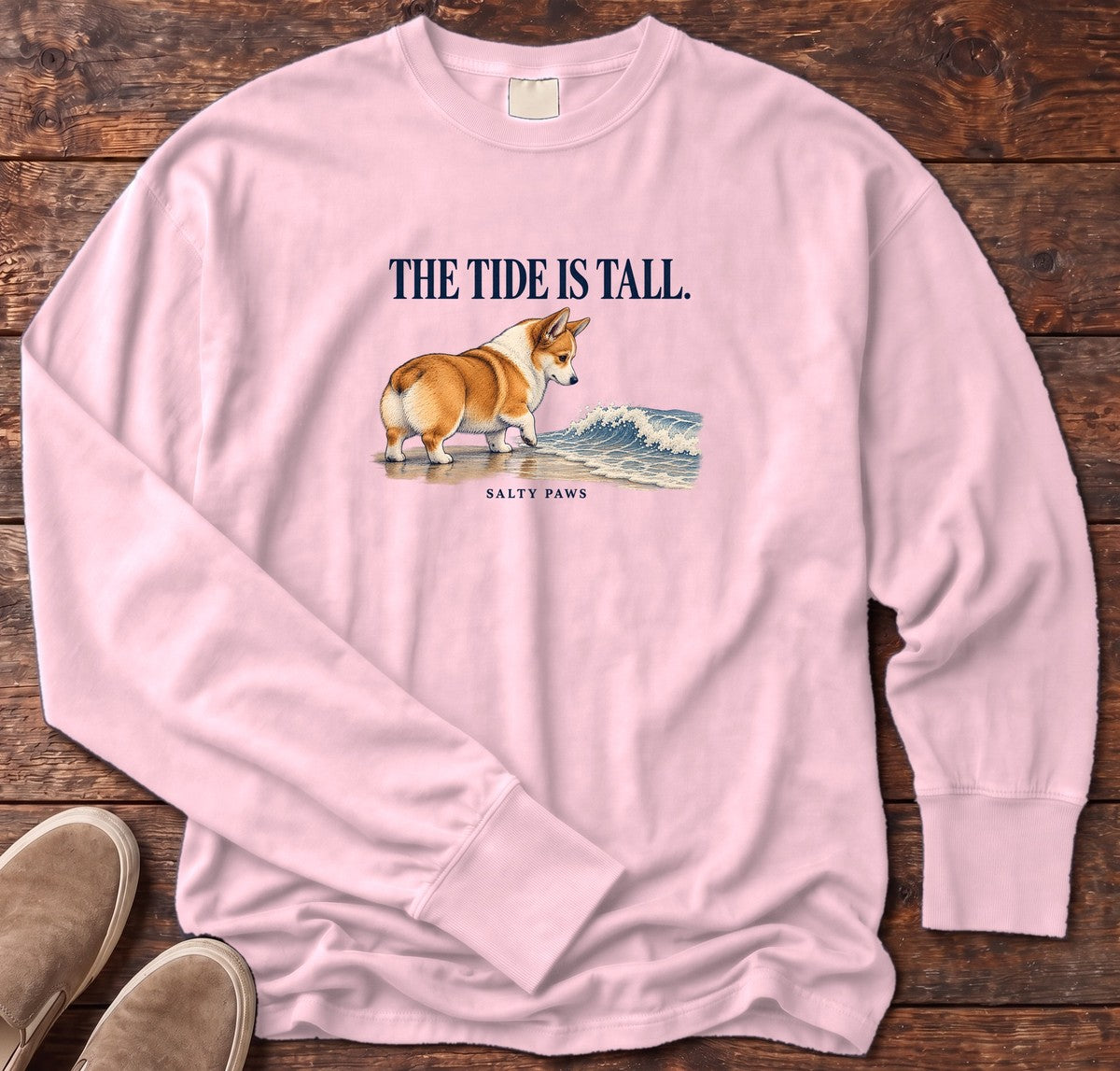 The Tide Is Tall Corgi Long Sleeve Tee in Blossom, Salty Paws Comfort Colors Long Sleeve Tee, front design flat lay