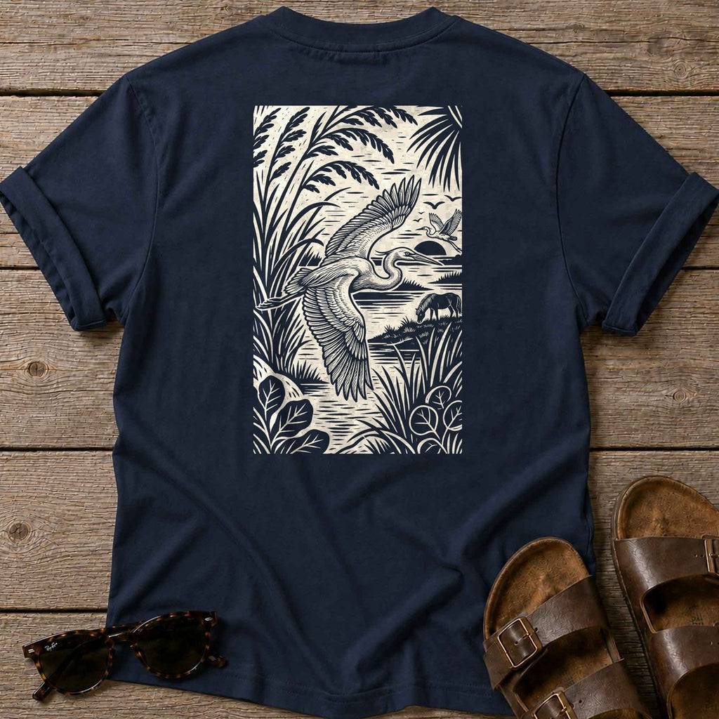 Egret Woodcut Back Design T-Shirt in Navy, Salty Paws coastal t-shirt