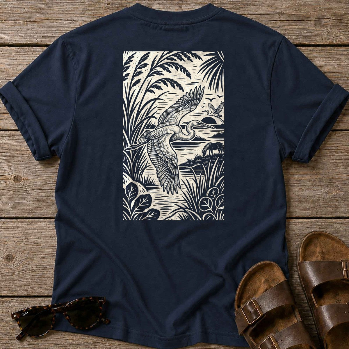 Egret Woodcut Back Design T-Shirt in Navy, Salty Paws coastal t-shirt
