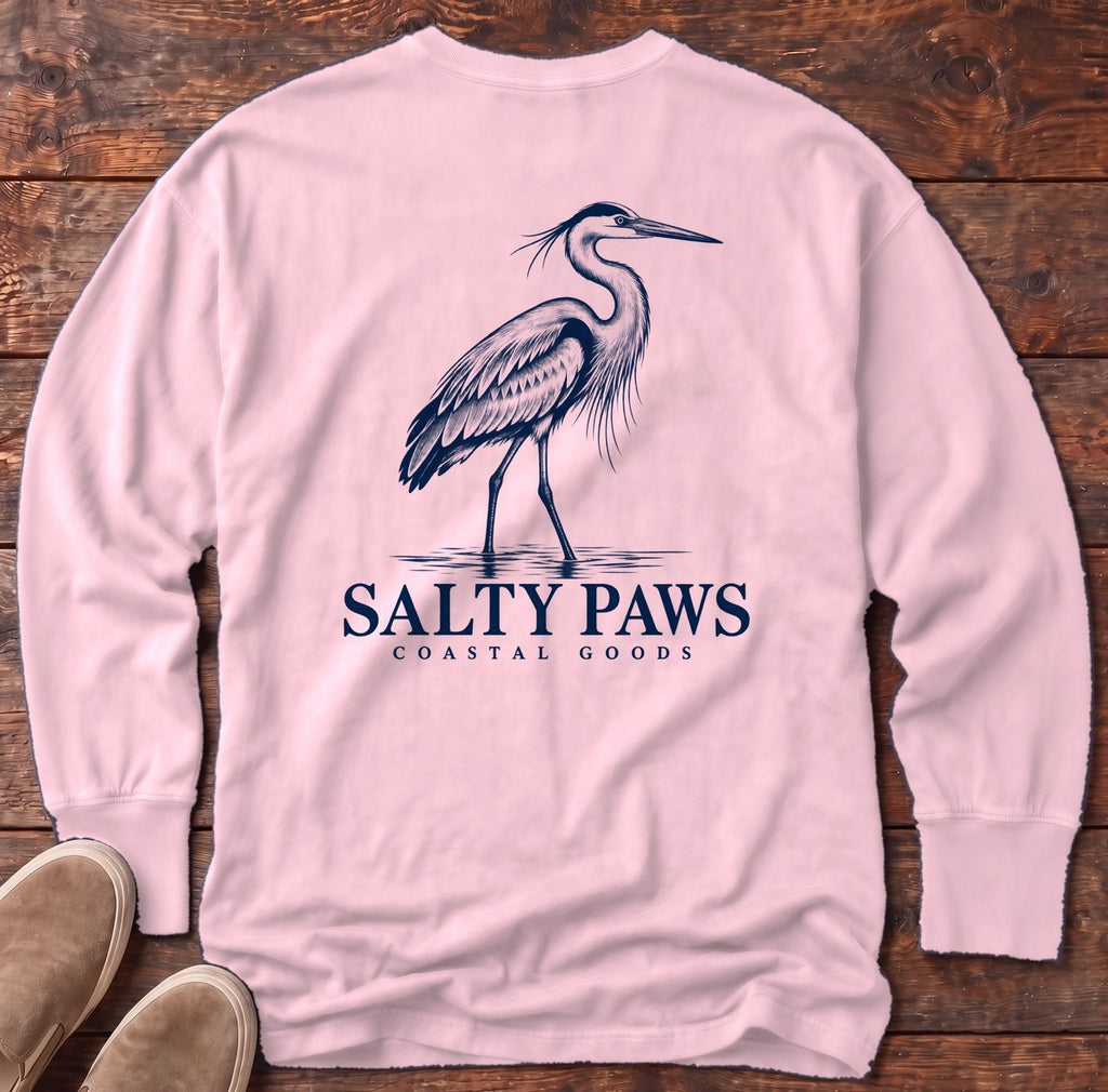 Great Blue Heron Coastal Goods Back Design Long Sleeve Tee in Blossom, Salty Paws Comfort Colors Long Sleeve Tee, back design flat lay
