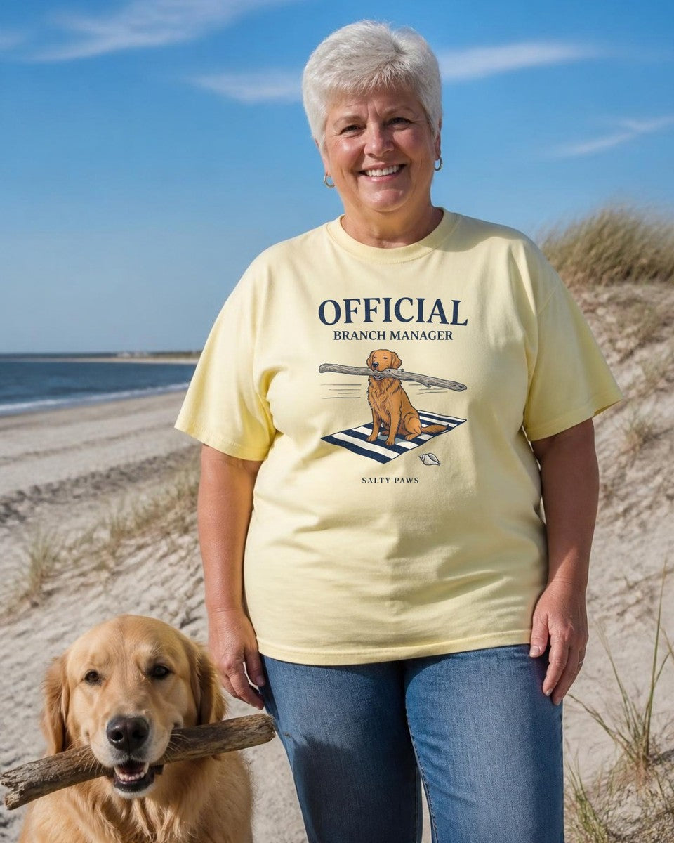 Official Branch Manager Golden Retriever Comfort Colors T-Shirt in Butter, worn by a model