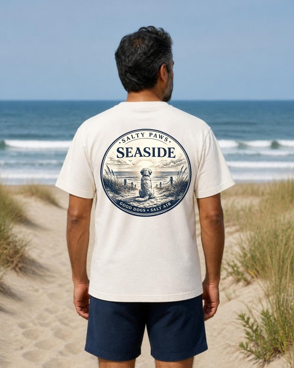 Seaside Good Dogs Back Design Comfort Colors T-Shirt in Ivory, worn by a model