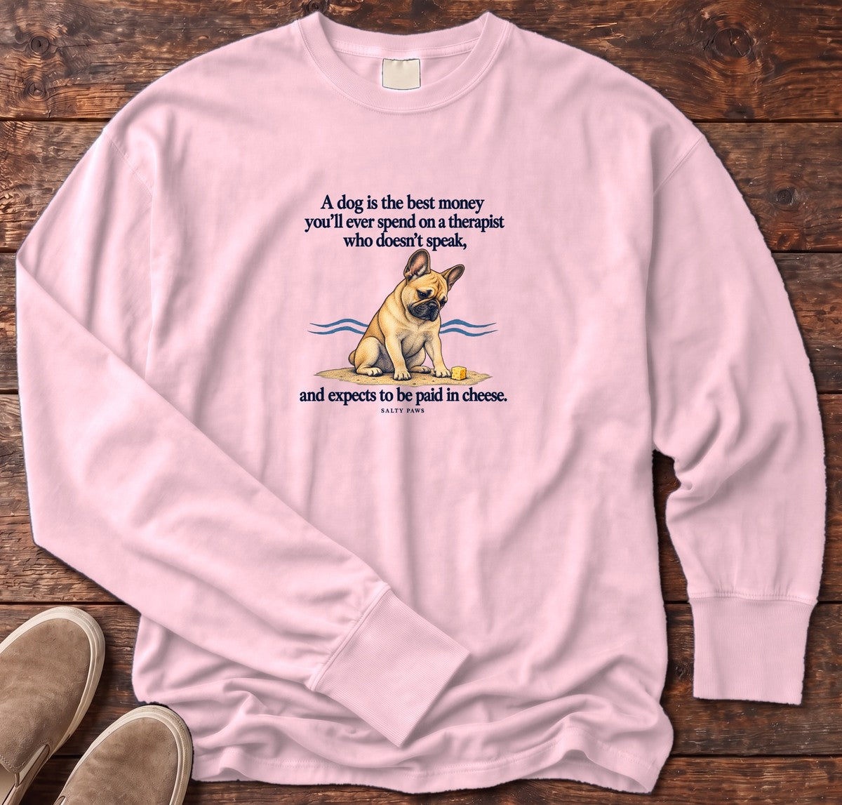 Paid in Cheese French Bulldog Long Sleeve Tee in Blossom, Salty Paws Comfort Colors Long Sleeve Tee, front design flat lay