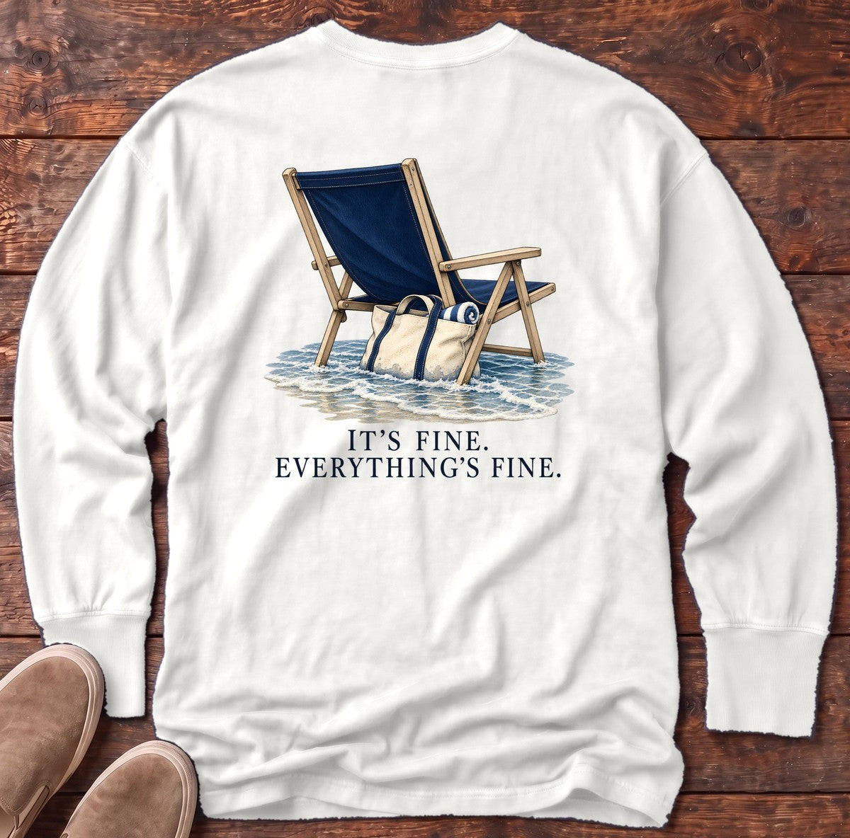 Everything's Fine Beach Chair Back Design Long Sleeve Tee in White, Salty Paws Comfort Colors long sleeve tee